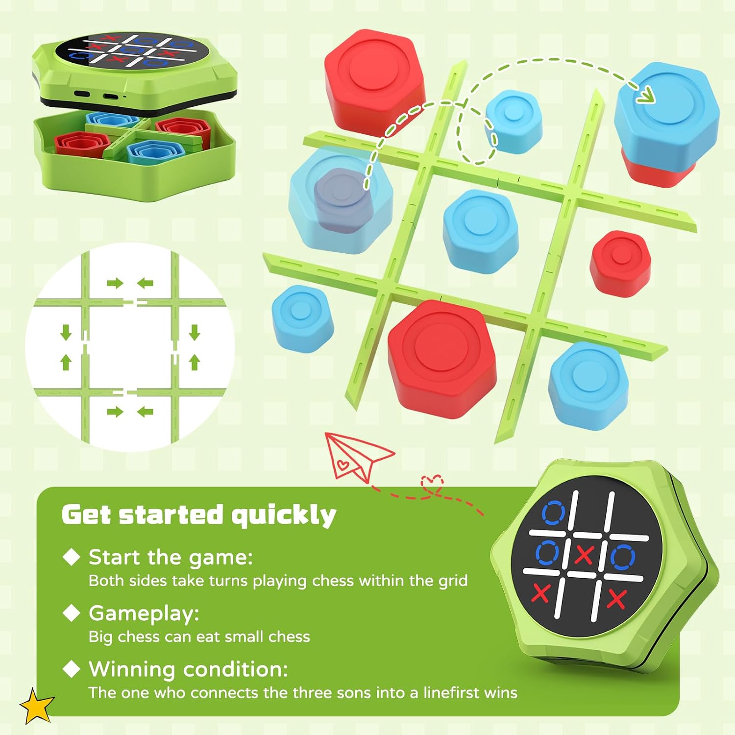 Electronic Tic Tac Toe Game,5-in-1 Handheld Puzzle Games,Tic Tac Toe Bolt Game for Educational&Memory,Portable Travel Games for Car Ride with Silent Mode,Toys Gift Idea for Kids & Family-Green