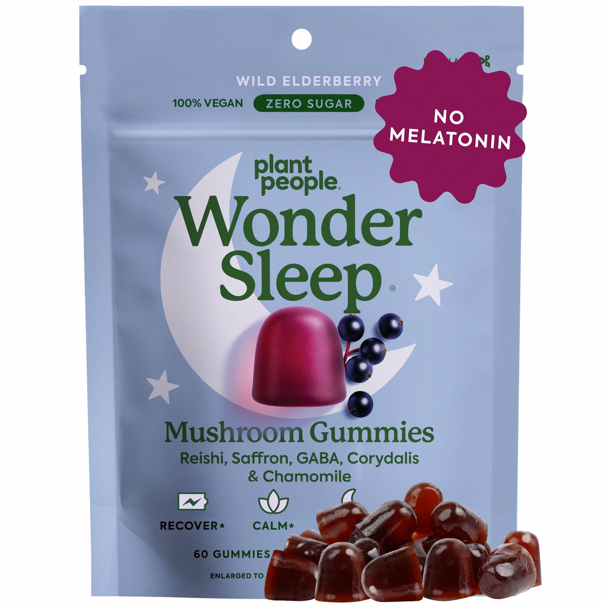 WonderSleep Mushroom Gummies Supplement for Sleep, No Melatonin with Reishi Super Mushrooms, Wild Elderberry Flavor, No Sugar (60 Count)