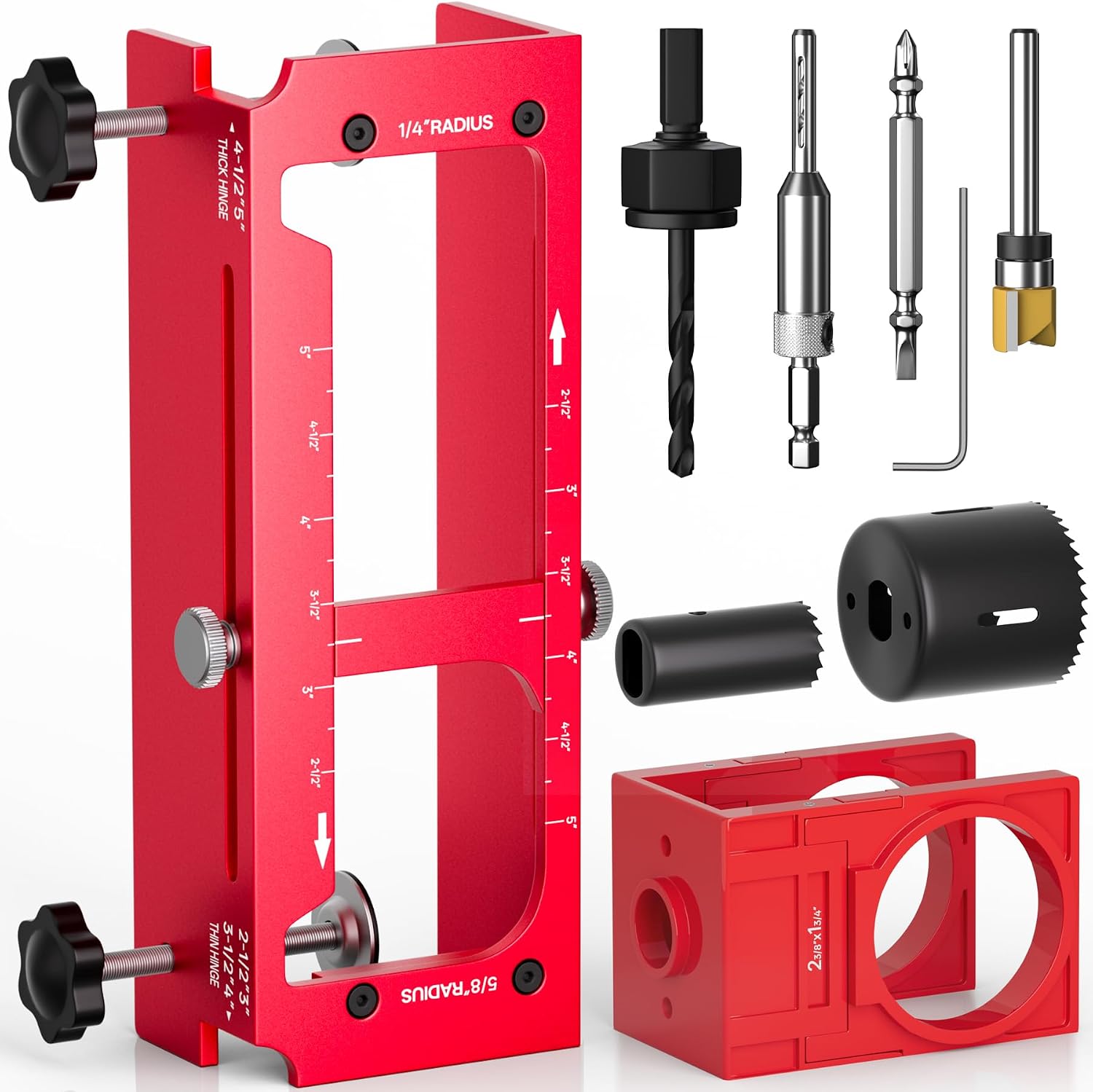 Door Hinge Jig and Door Lock Installation Kit, Aluminum Alloy Router Template for Hinge Mortising from 2.5" to 5" and Types of Square, 1/4", 5/8" Radius, Door Hole Drilling Kit for Knob and Deadbolt
