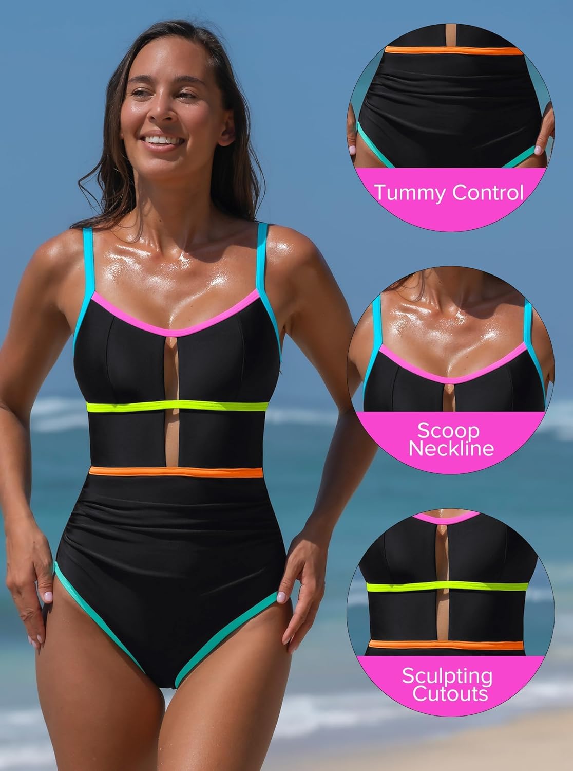 popvil Women One Piece Swimsuit 2026 Sporty Neon Bathing Suit Tummy Control Swim Suit Cut Out Adjustable Straps Swimwear - Image 7