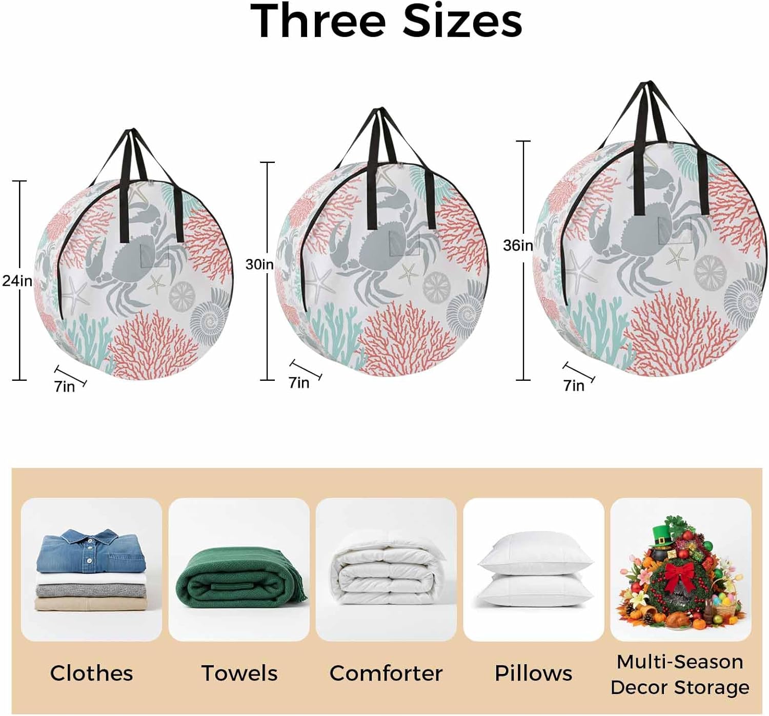 Summer Round Storage Bag 36 Inch, Red Orange Crab Coral Seashell Nautical Coastal Ocean Clothes Storage Container with Handles Heavy Duty Organizer for Comforter, Bedding & Holiday Wreaths