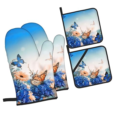 xufhiyz Butterfly Daisy Blue Hydrangea Flower Oven Mitts and Pot Holders Sets Kitchen Oven Gloves BBQ Gloves Pot Holders for Cooking Baking