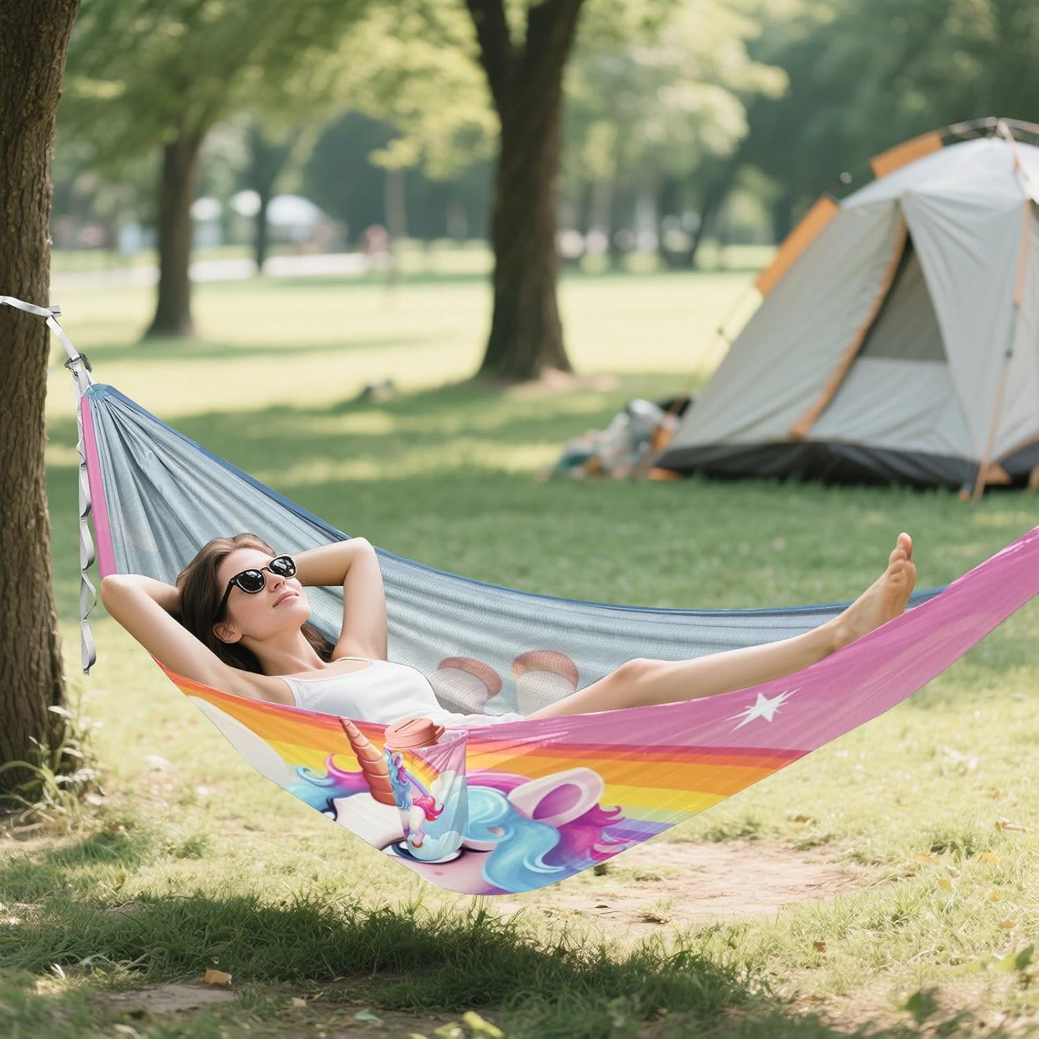 ALAZA Unicorn Rainbow Camping Hammocks Single or 2 Person 500 lbs Portable Parachute Travel Hammock w/Tree Straps for Hiking Backpacking Indoor Outdoor