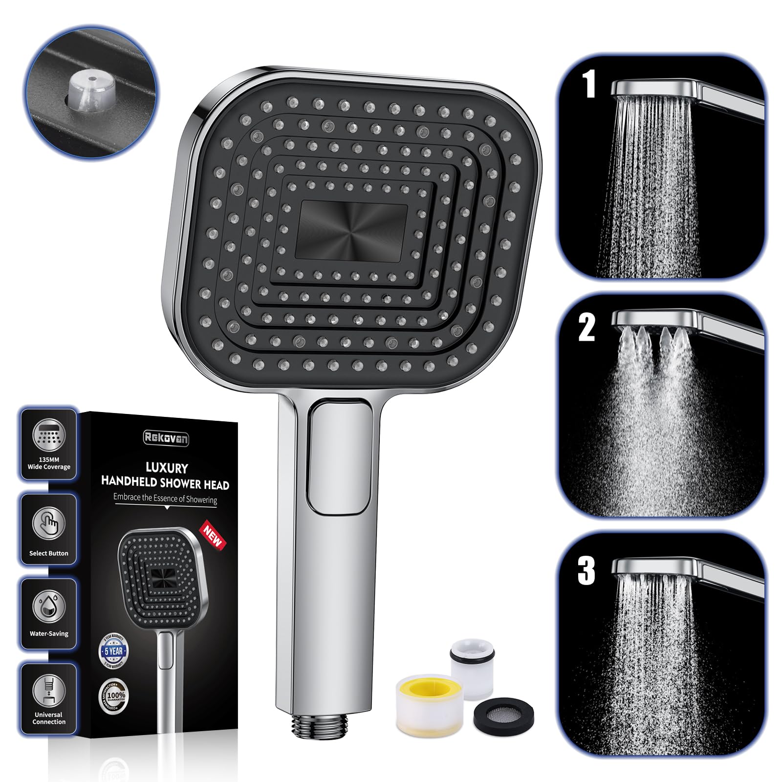 Pommeau de Douche Economie Deau, Anti Calcaire Douchette【Silicone de Qualité Alimentaire】【Économique 43% - 7,3 l/min】, Haute Pression, Douchette Grande 135 mm, 3 Modes de Jet, Chrome (sans tuyau)
