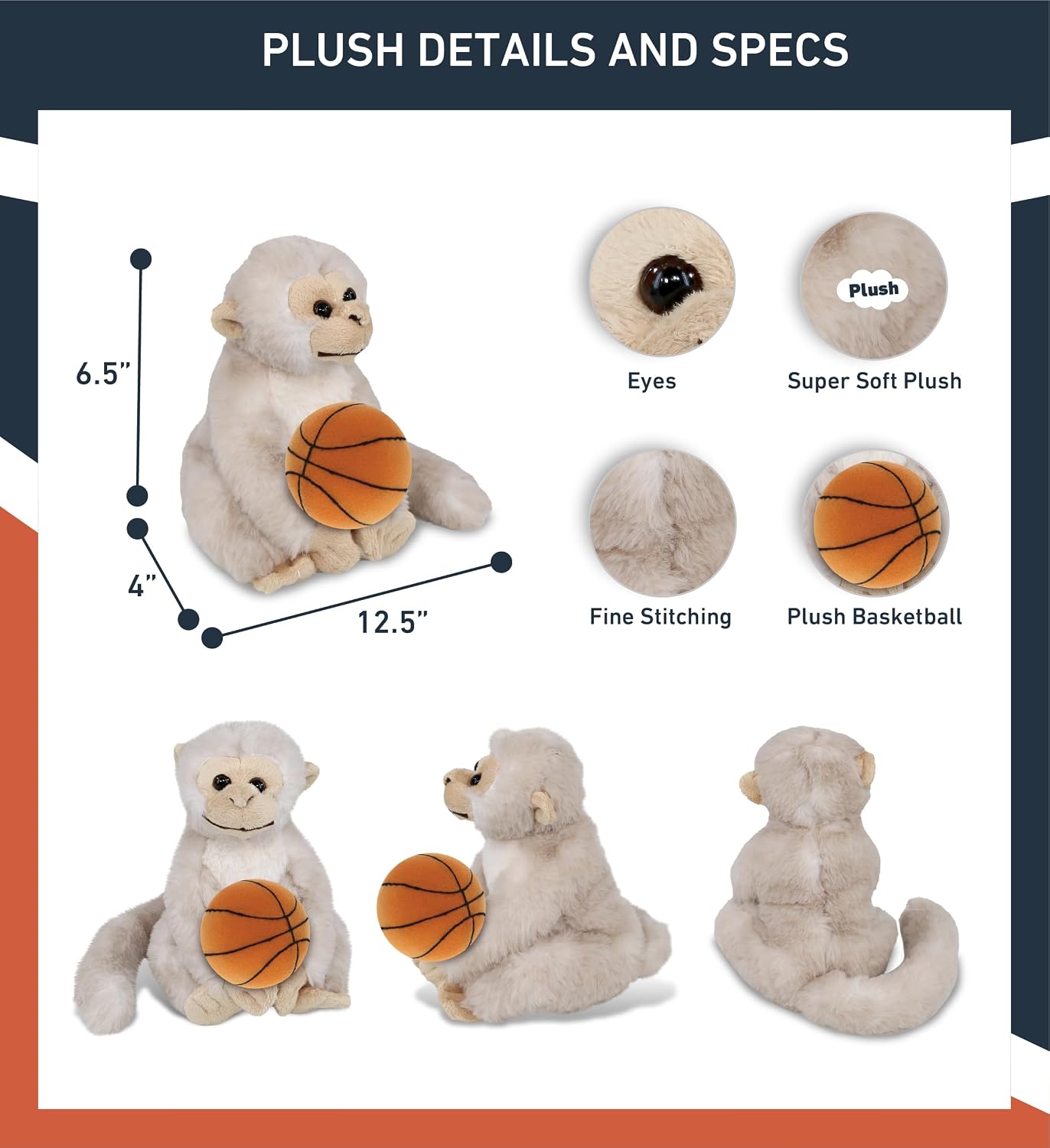 DolliBu White Squirrel Monkey Stuffed Animal with Basketball Plush - Huggable Monkey, Adorable Playtime Plush Toy, Wildlife Gift, Personalized Plush Doll Animal Toy for Kids and Adults - 12.5 Inches