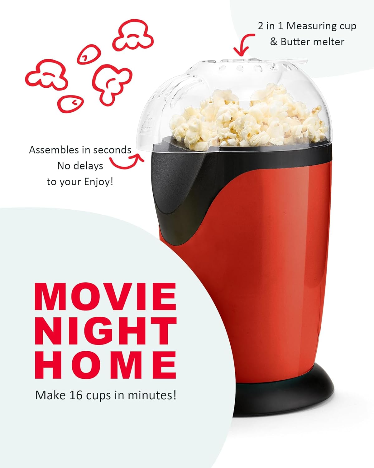 Hot Air Popcorn Maker, 12-Cup Electric Pop Corn Popper machine with Measuring Cup & Butter Melter, Fast Popping & Oil-Free, BPA-Free kitchen appliances for Home Movie Nights & Parties - Aqua