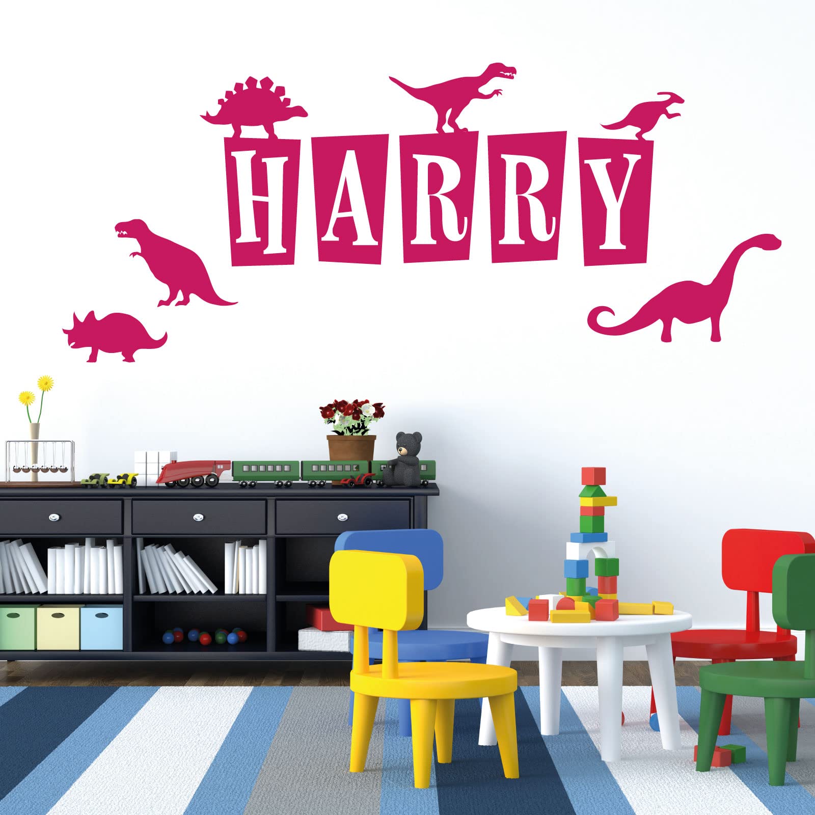 Personalised Name - Dinosaurs, T-Rex, Apatosaurus, Jurassic Era - Children's Bedroom Vinyl Wall Decal Sticker [Medium] [Magenta]