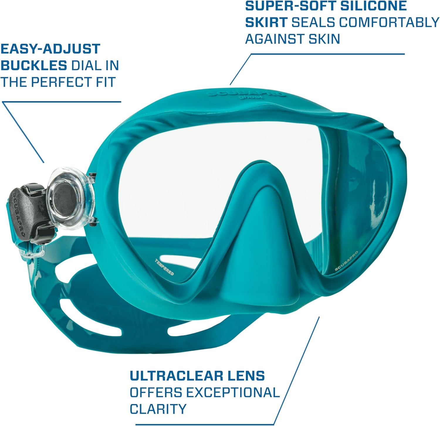 SCUBAPRO Ghost Scuba Dive Mask, Low-Volume Frameless Design w/Ultra Clear Single Lens, Silicone Skirt and Easy-Adjust Strap Buckles, Turquoise - Image 4