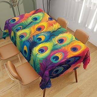 Peacock Feathers Decorative Rectangle Table Cloth Oil Painting Rainbow F...