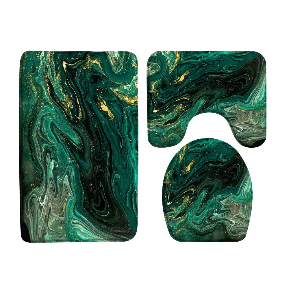 3Pcs Emerald Green Marble Bath Rugs Set,Modern Dark Green Marble Texture Gold Stripes Abstract Watercolor Cracked Bathroom Kitchen Rug with 16