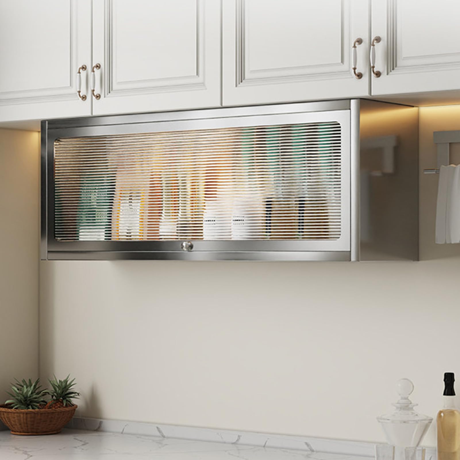 Armario de pared de metal con puerta abatible translúcida, organizador de almacenamiento flotante para cocina, garaje, baño, taller, sótano y almacén