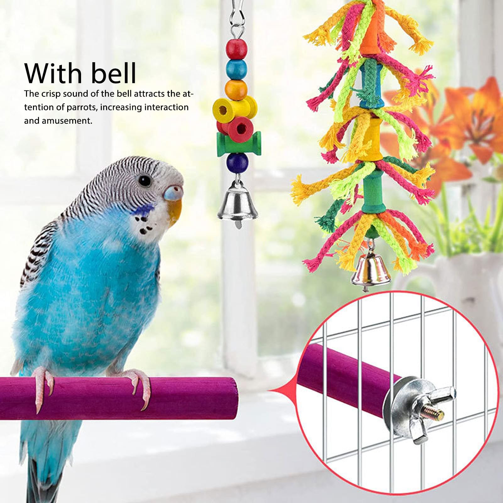 Juguete para pájaros, barra de cuerda con campana, papel masticable colorido, buscador de comida, adecuado para loros, entretenimiento y ejercicio