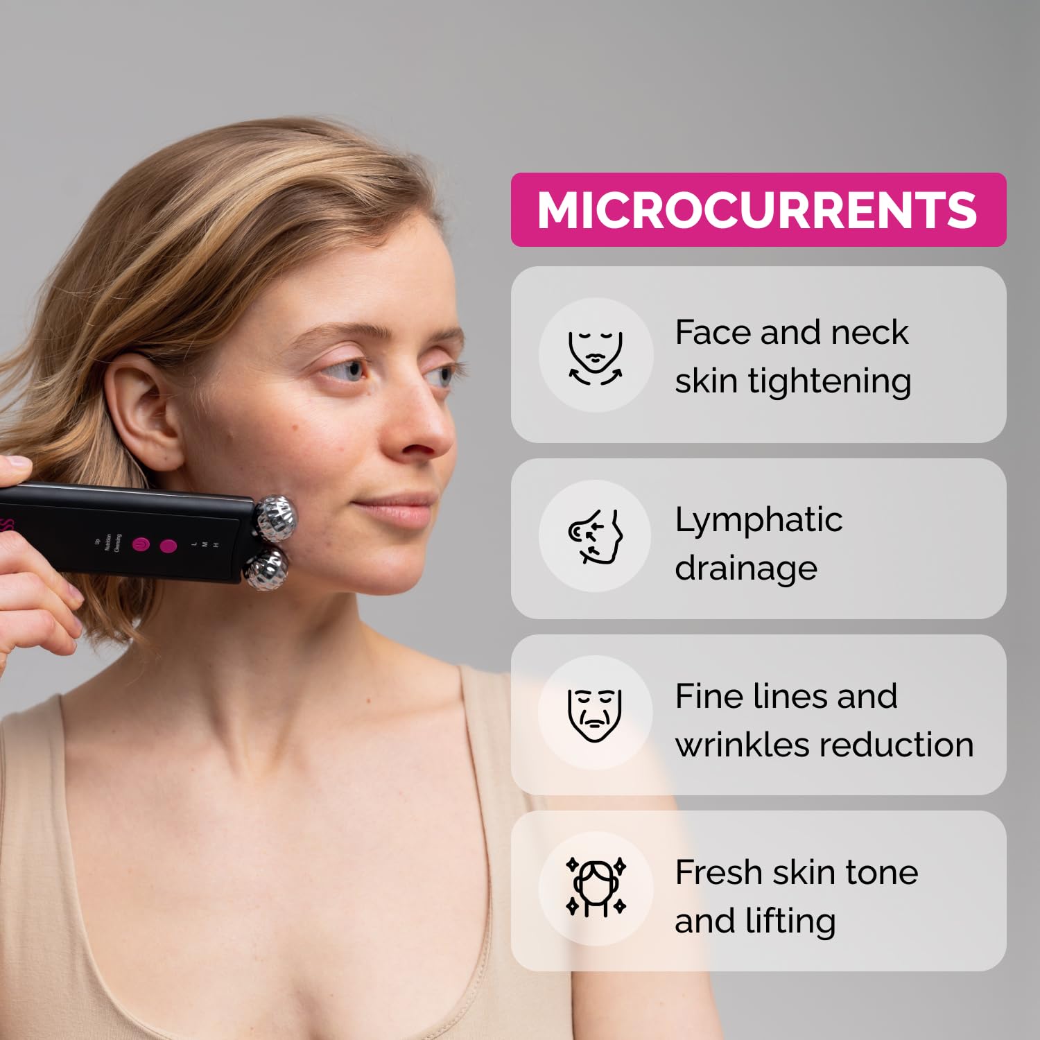 GESS Dispositivo EMS de Masaje & Peeling Ultrasónico – Limpiador de Poros & Papada, 3 Modos Reafirmantes, Micromasaje Ultrasónico & Miostimulación, Limpieza Profunda & Cuidado Facial Efectivo