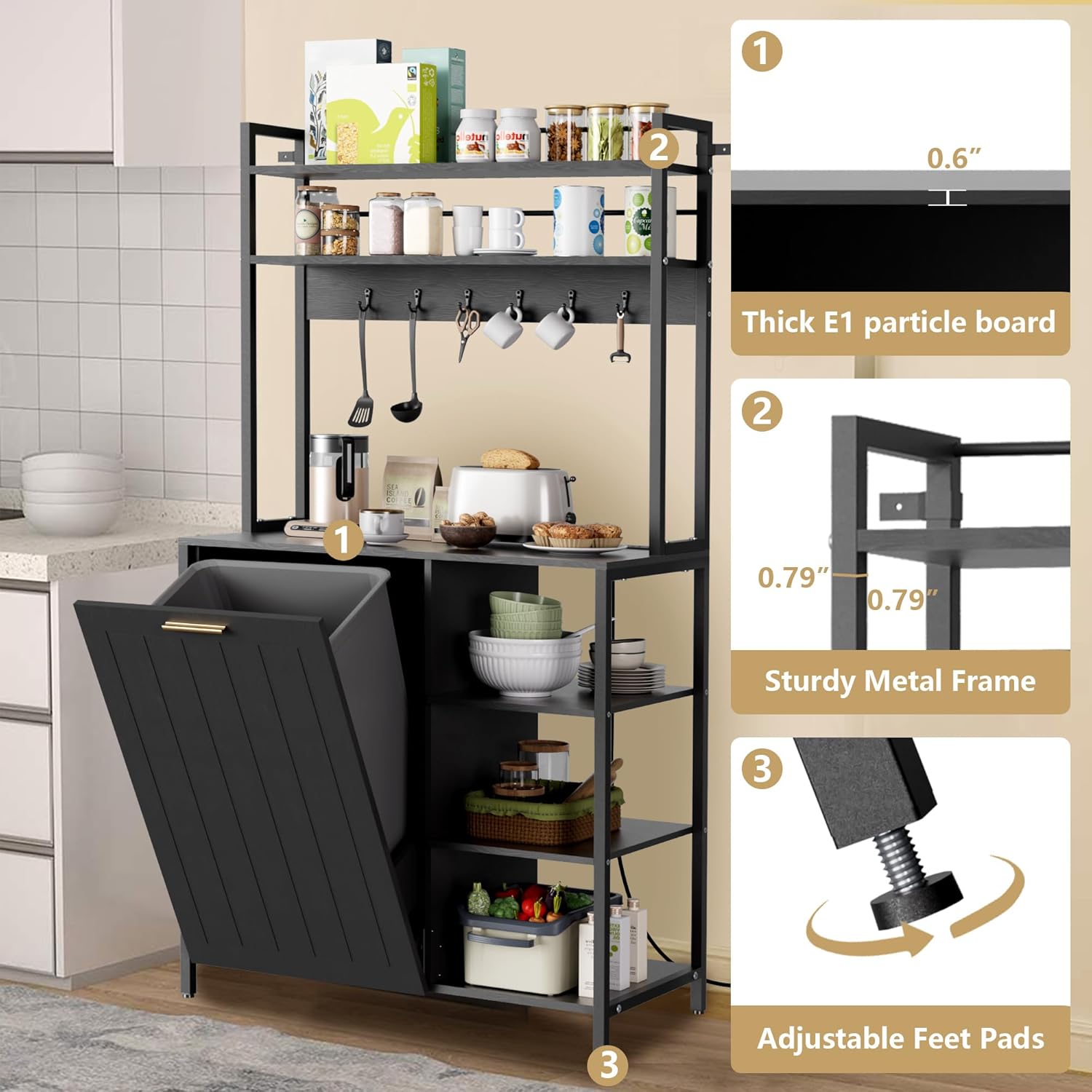 TITIMO Bakers Rack with Trash Can Storage Bin Cabinet and Power Outlet, Farmhouse Microwave Stand Cabinet for Kitchen, 6-Tiers Coffee Bar Table Station with 6 Hooks and Adjustable Feet (Black)