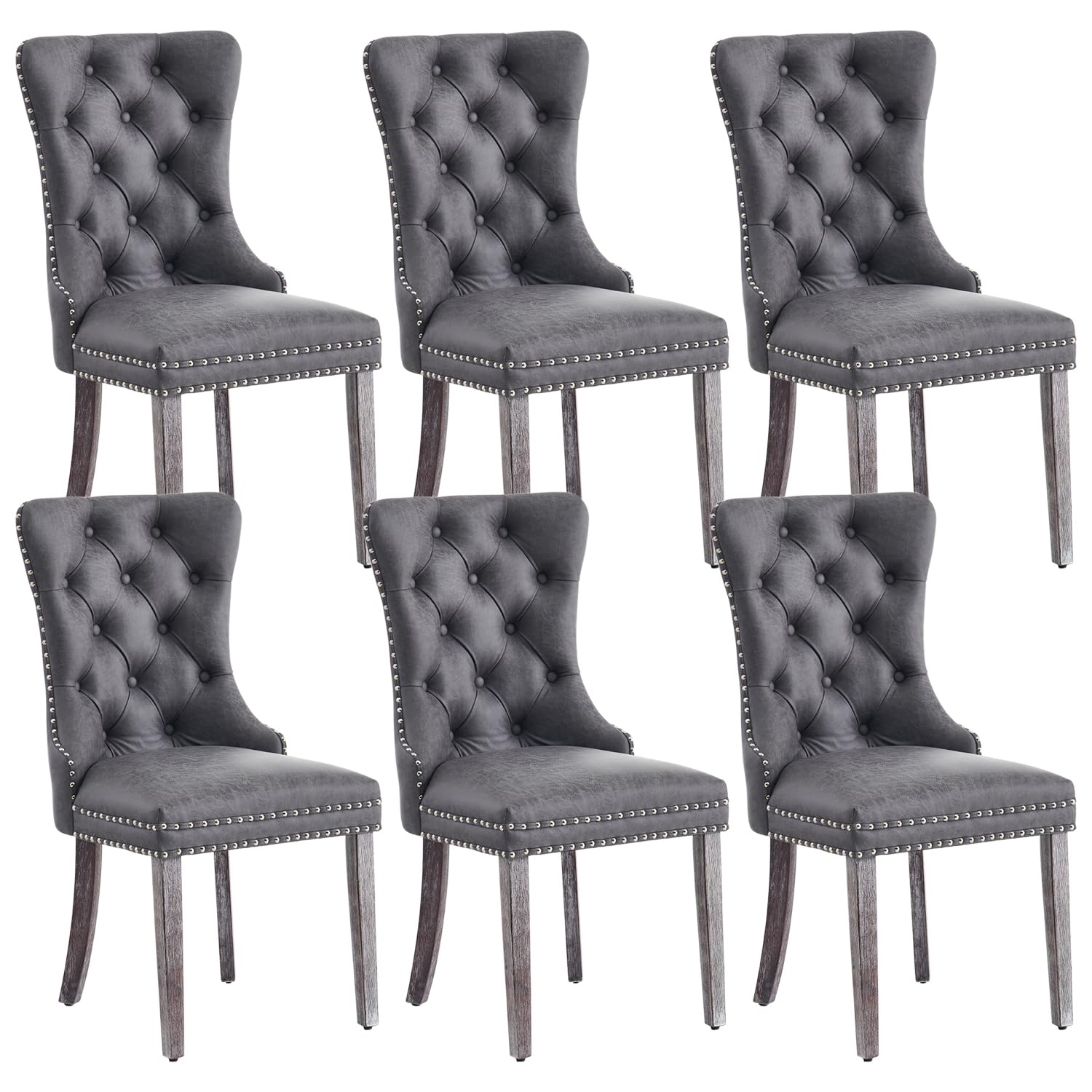 Eifizek Leather Dining Chair Set of 6, Dining Room Chairs with Nailhead Ring Pull Trim, Upholstered Dining Chairs with Solid Wood Legs for Kitchen