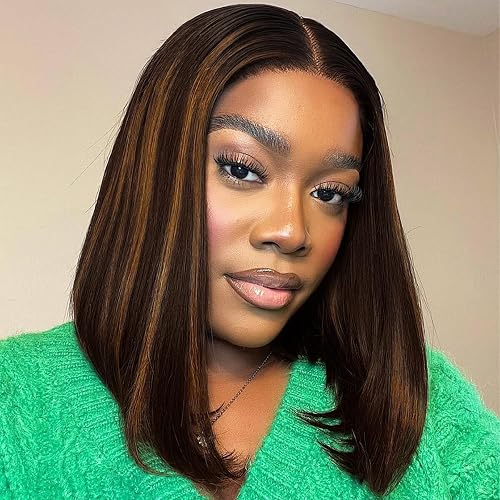 Tinashe Highlight Wear and Go Glueless Bob Wig Human Hair Pre Plucked Honey Blonde Bob Wig 5×6 Pre Cut Lace Front Bob Wigs Human Hair Short Straight Bob Wig(12inch T1B/2/30 Straight Bob Wig)