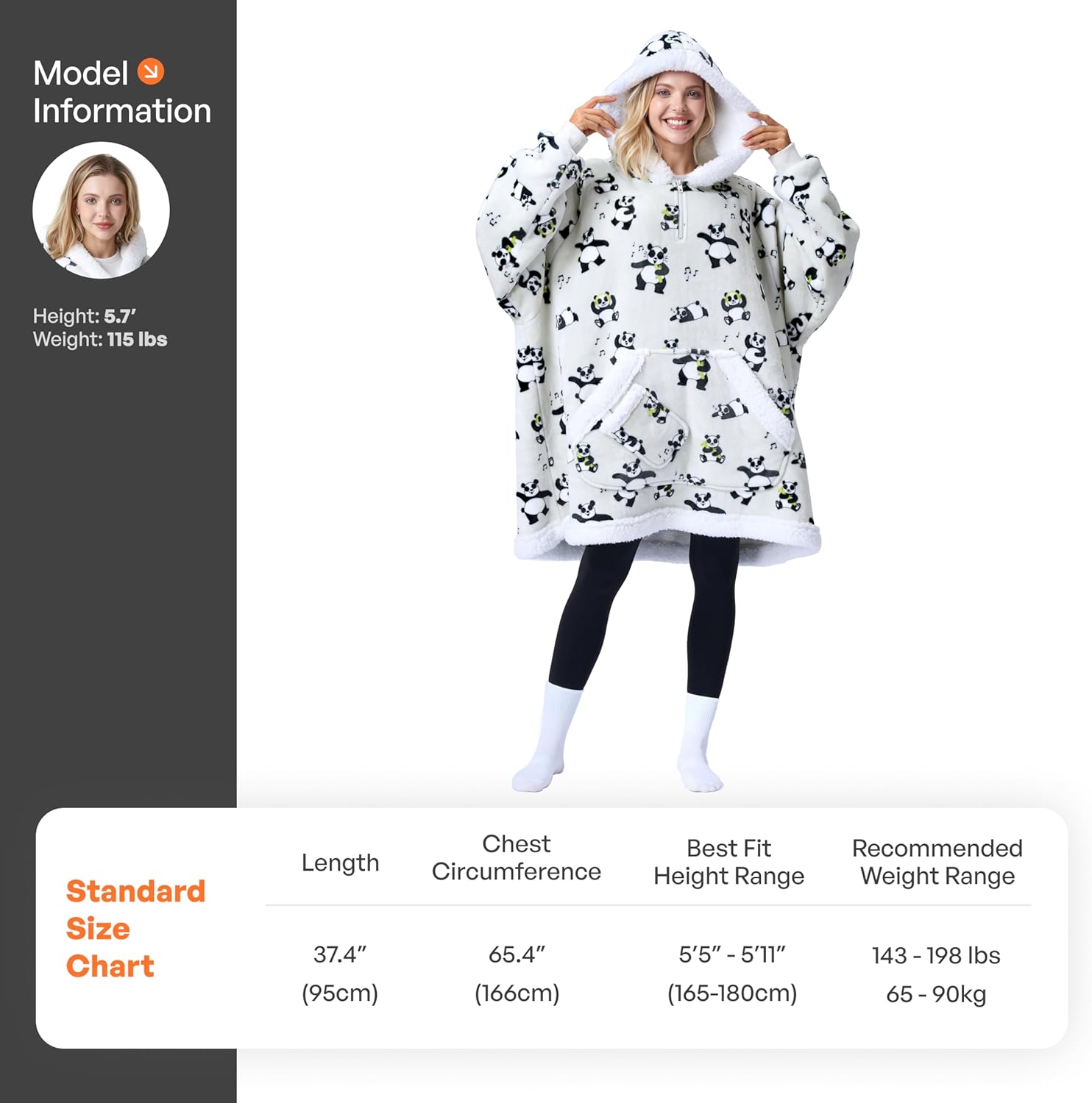 Giggling Getup Wearable Blanket Hoodie for Adults Gifts for Teen Girls Sister Women Sherpa Fleece Printed Hooded Blanket Sweatshirt Warm Cozy with Pocket & Sleeves Grey Panda - Image 4