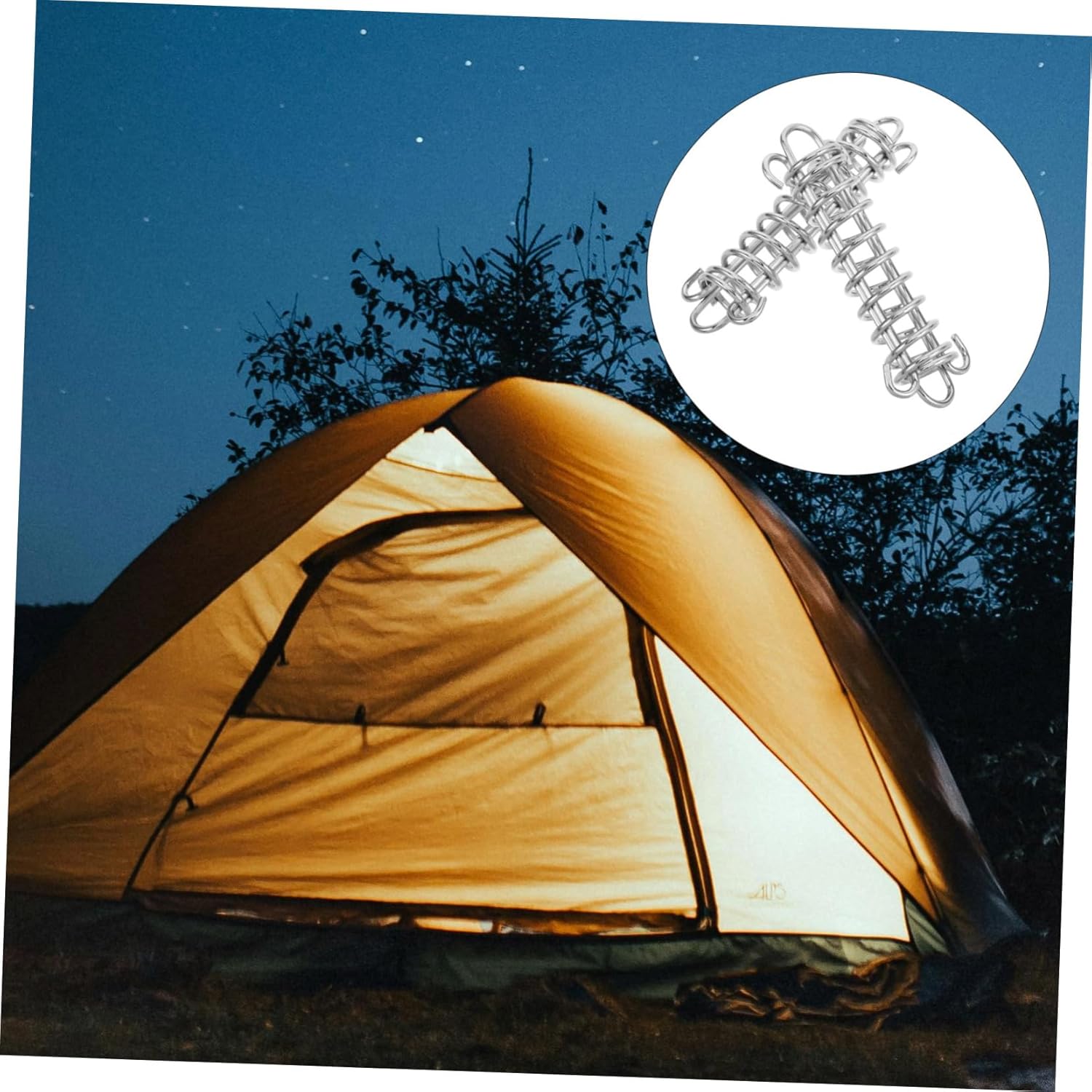 Tent at night with spring buckles providing secure anchoring