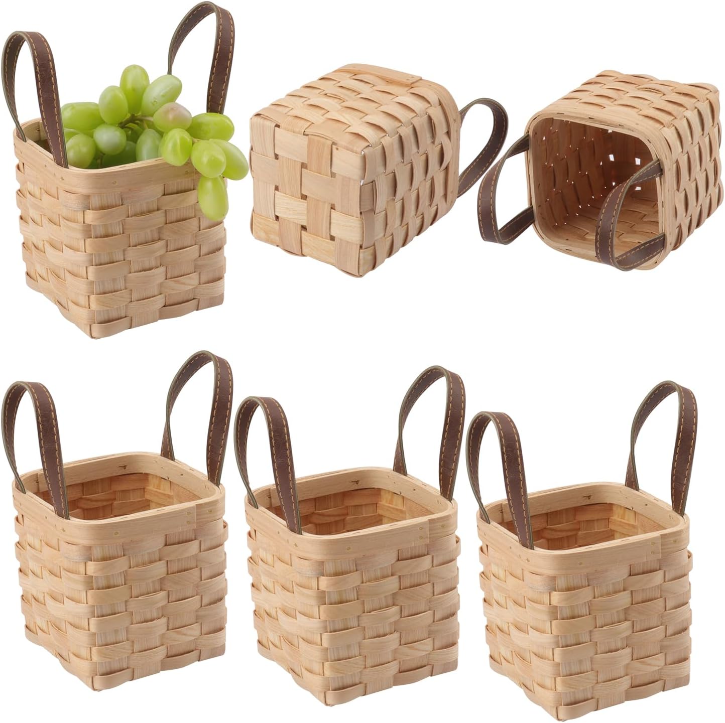 6 Pack Square Wicker Baskets for Gifts, 4.7 x 4.7 x 4 Inch Square Bamboo Storage Basket, Mini Bamboo Wicker Baskets with Handles, Woodchip Basket for Organizing and Decoration
