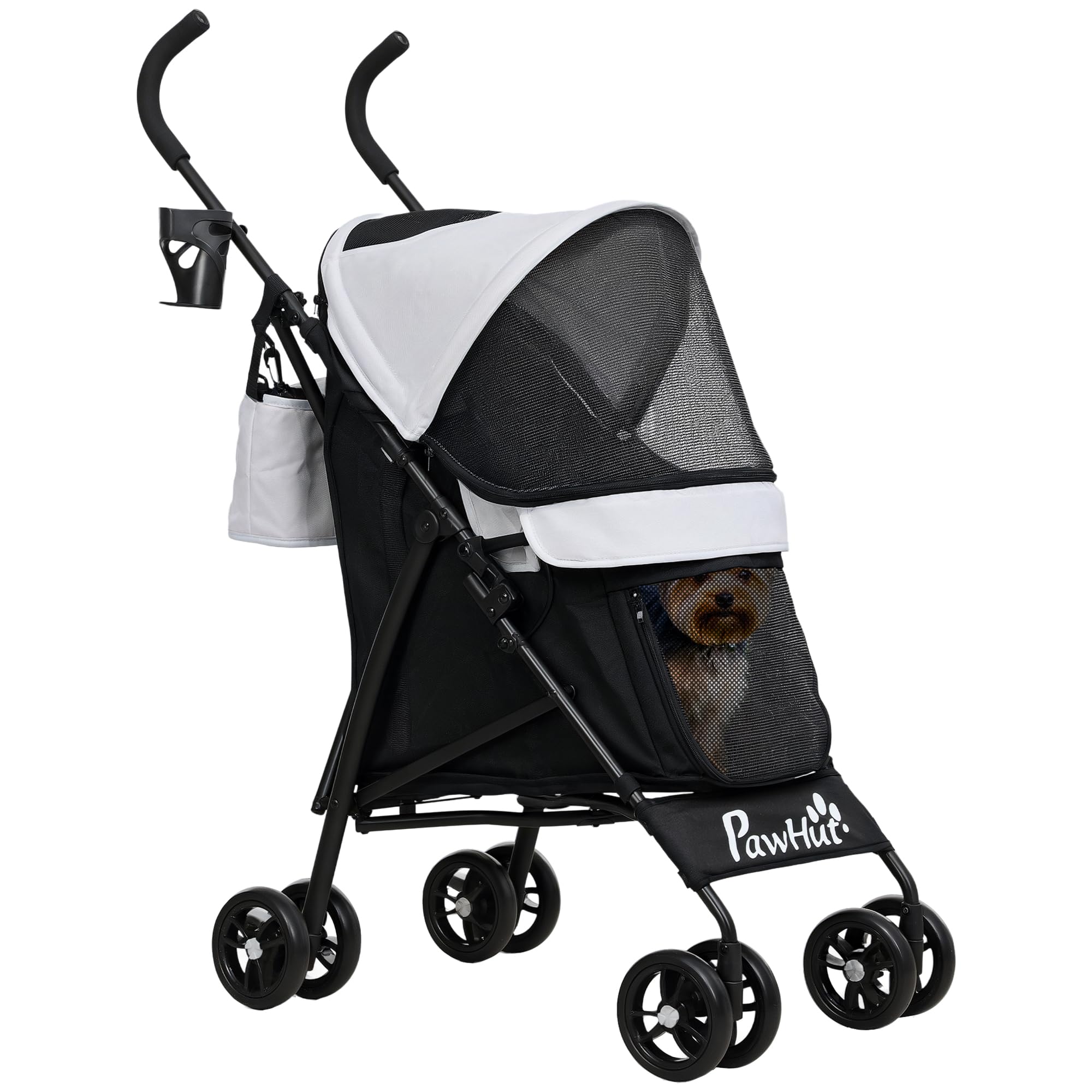 PawHut Poussette chien, poussette pour chien 4 roues, chariot pour chien, structure parapluie, légère, pliable, roues en EVA, sac de rangement, poussette chat charge 4 kg, gris clair