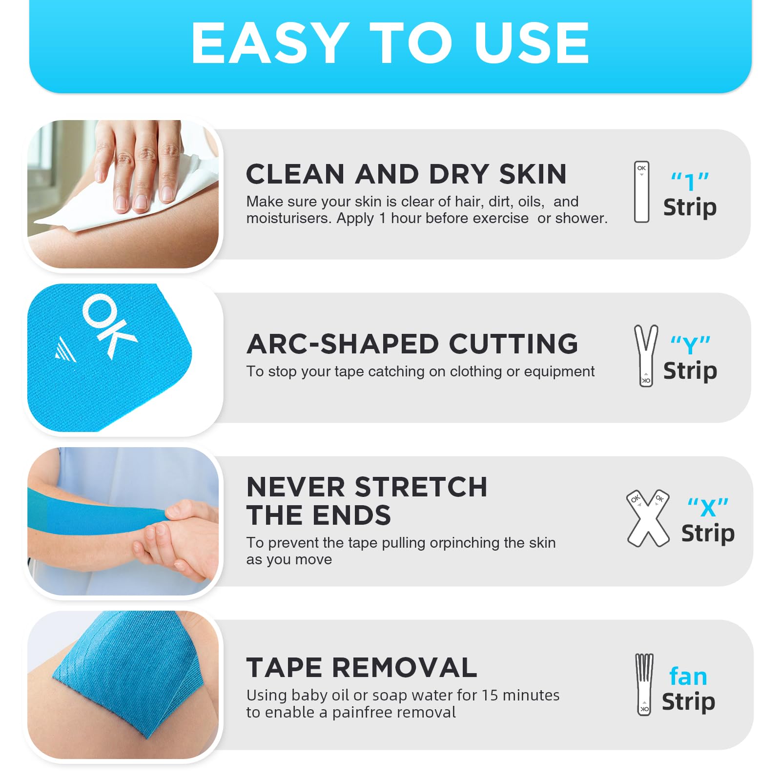 Ok Tape - Cinta de kinesiología clásica, enrollada, elástica, precortada, en forma de I, cinta de algodón terapéutico sin látex, 25 cm por cada tira, 5 cm de ancho, 5 metros de longitud total, Rosado