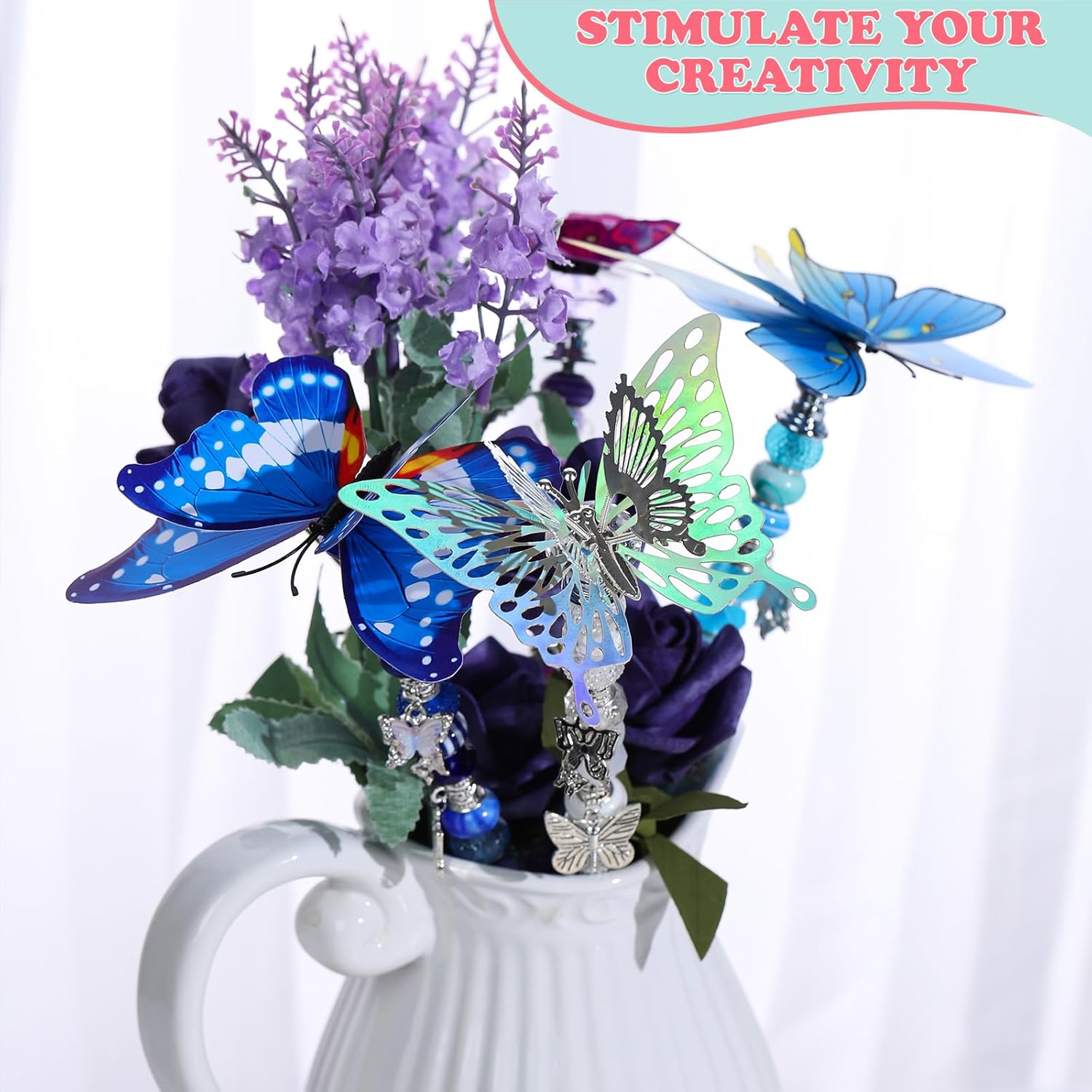 380Pcs Beaded Garden Stake, DIY Fairy Wand Beaded Decorative Butterfly Garden Stake Kit with 12IN Threaded Rod Crystal Stopper Top Large Holes Beads Butterfly Decoration Pendants Outdoor - Image 8