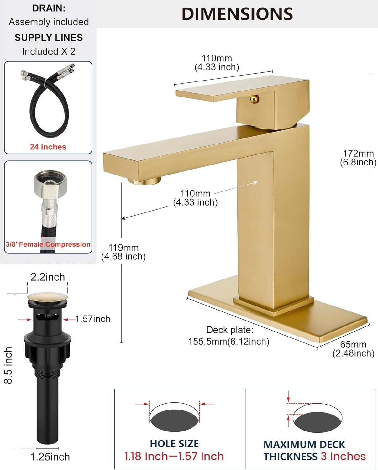 Midanya Bathroom Faucets 1 Hole, Single Handle Stainless Steel Bathroom Sink Faucet, Modern Vanity Faucets with Deck Plate,Water Supply Hoses and Pop Up Drain,Brushed Gold - Image 3