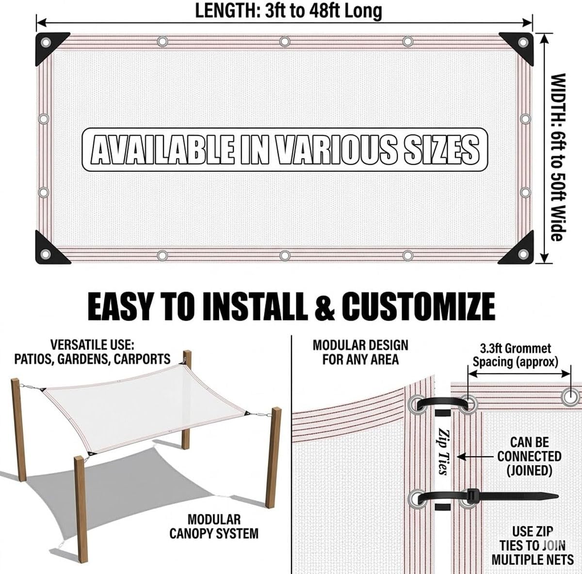 White Shade Cloth for Garden, 50% Mesh Tarp with Grommets, Breathable Sun Shade Cloth for Greenhouse, Plants Cover, Patio, Chicken Coops, HDPE Shade Net for Outdoor UV Resistant(16x24ft)