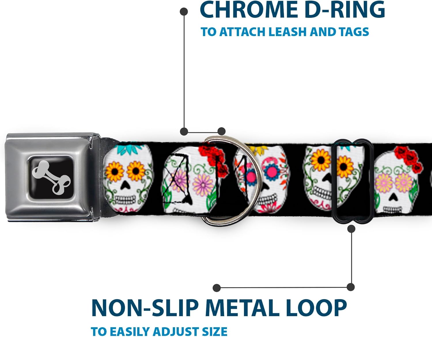Dog Collar Seatbelt Buckle Sugar Skull Outline Black Multi Color 9 to 15 Inches 1.0 Inch Wide, DC-W34543-S