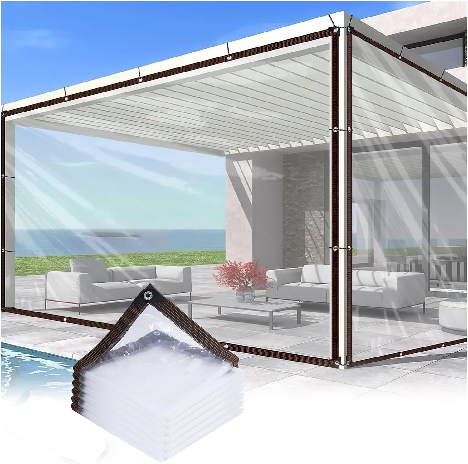 Clear Waterproof Tarpaulin SheetHeavyDuty Transparent Outdoor Curtain for Balcony Porch Window Cover (2x4m/6.56x13.12ft)