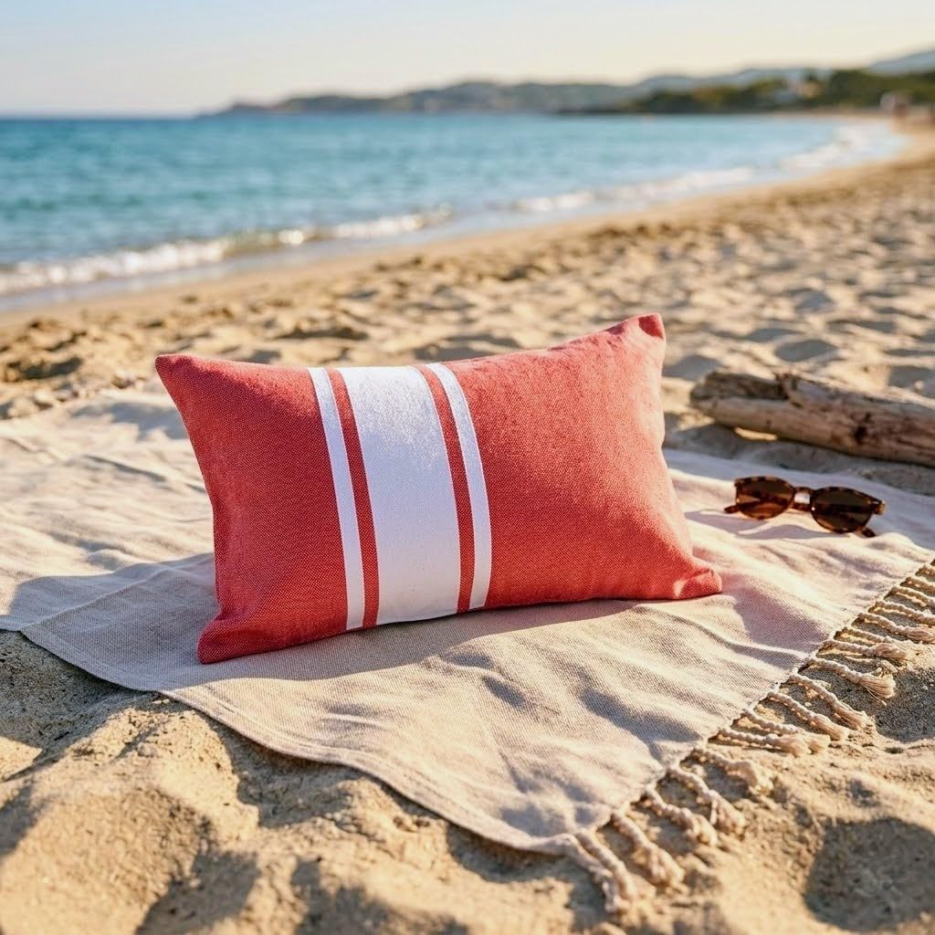 Oreiller de Plage Gonflable en Fouta, 100% Coton, Rouge Pastel et Blanc, 40x26 cm, avec Coussin PVC Amovible