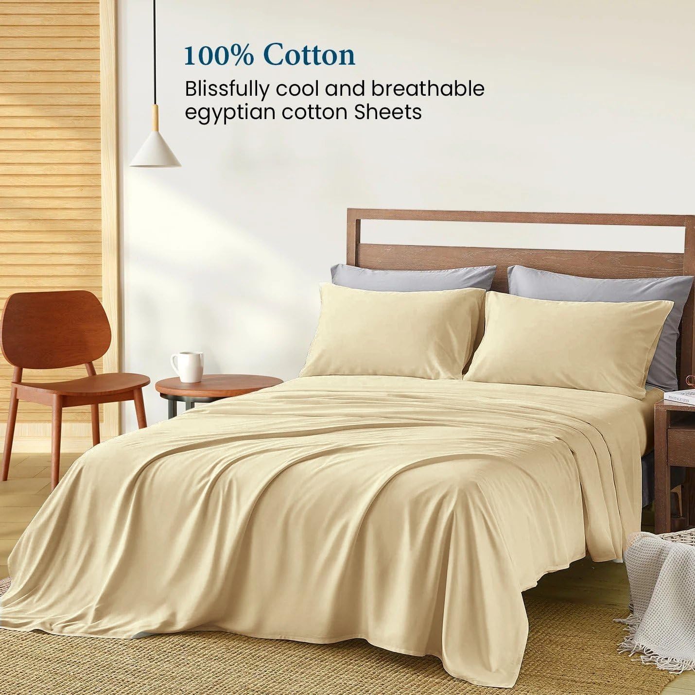 Twin Sheets Set - Soft 400 Thread Count Sateen,Egyptian 100% Cotton Sheets, Deep Pocket 14" with All Around Elastic for a Snug Fit, Cool & Durable Bedding Set Beige Solid