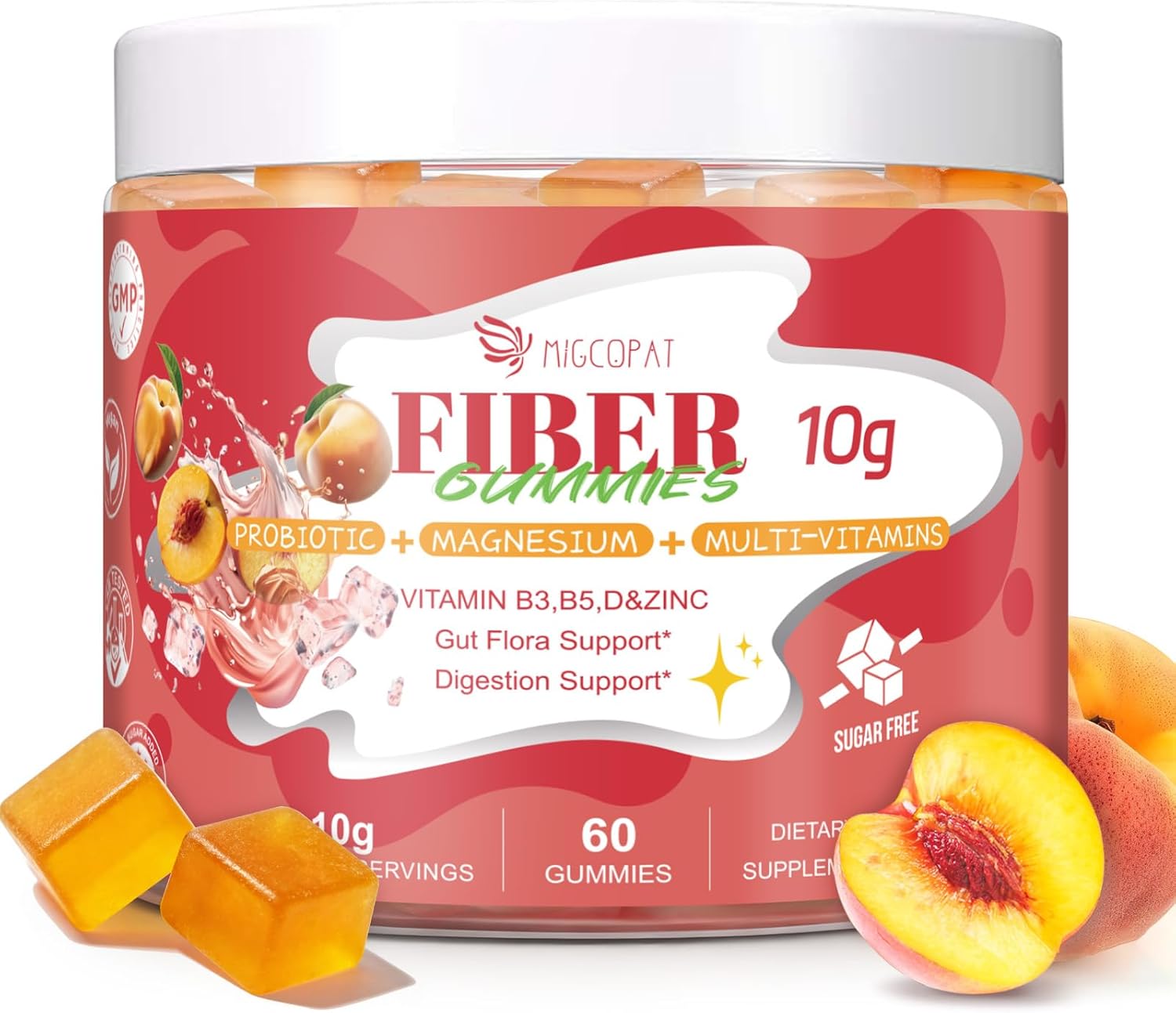 Migcopat 10G Fiber Gummies for Adults with Vitamins C, D, B3, B5 - Digestive & Gut Health Gummies with 30 Billion CFU Probiotics Blend, Inulin, ACV, Magnesium, Zinc, Support Digestive Health, 60 Cts
