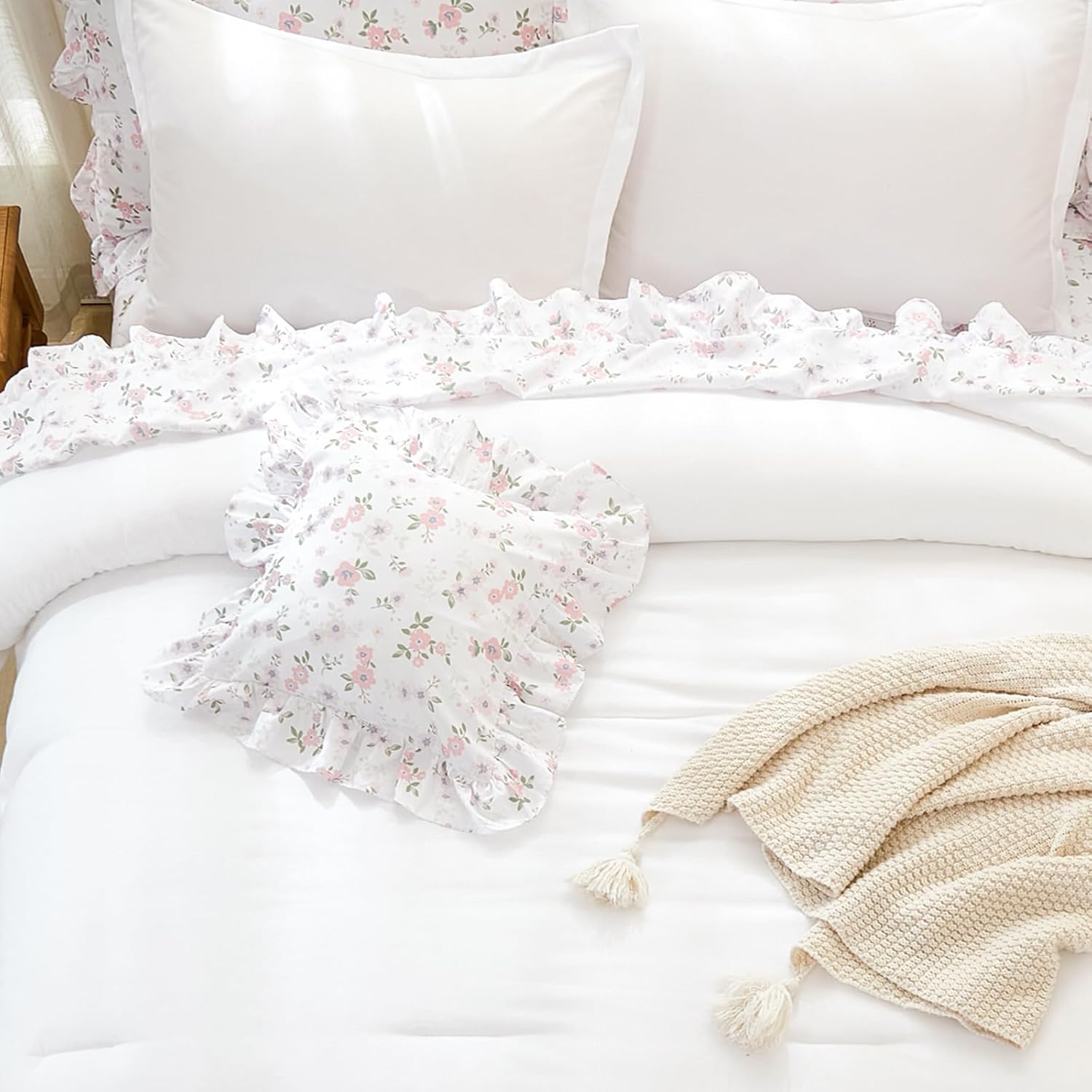WONGS BEDDING Queen Comforter Set, 8 Pieces Farmhouse Bed in a Bag Queen, Bedding Set Queen Size with White Comforter, Ruffle Floral Pillowcases & Flat Sheet, Floral Fitted Sheet