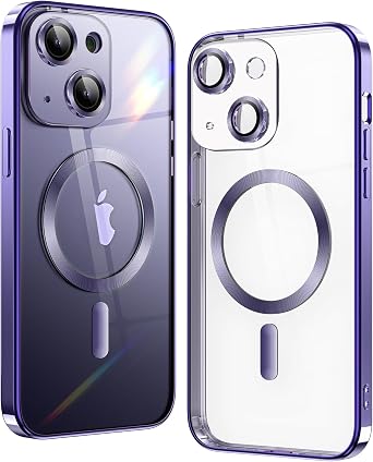 Matallic Glossy Clear for iPhone 13 Case Compatible with Magsafe with Plating Full Camera Protection [Strong Magnetic Attraction] Slim Thin Phone Case Shockproof for Women Girls6.1"-Purple