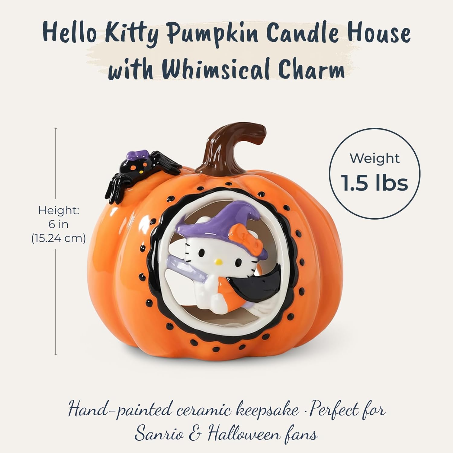 Blue Sky Clayworks Hello Kitty Pumpkin Cut Candle House, Ceramic, 8" L x 7" W x 6" H, Witchy Window Glow