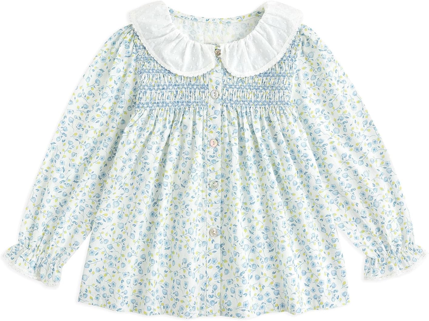 Curipeer Baby Girls Long Sleeve Shirt Peter Pan Collar Smocked Blouse Button Down Top