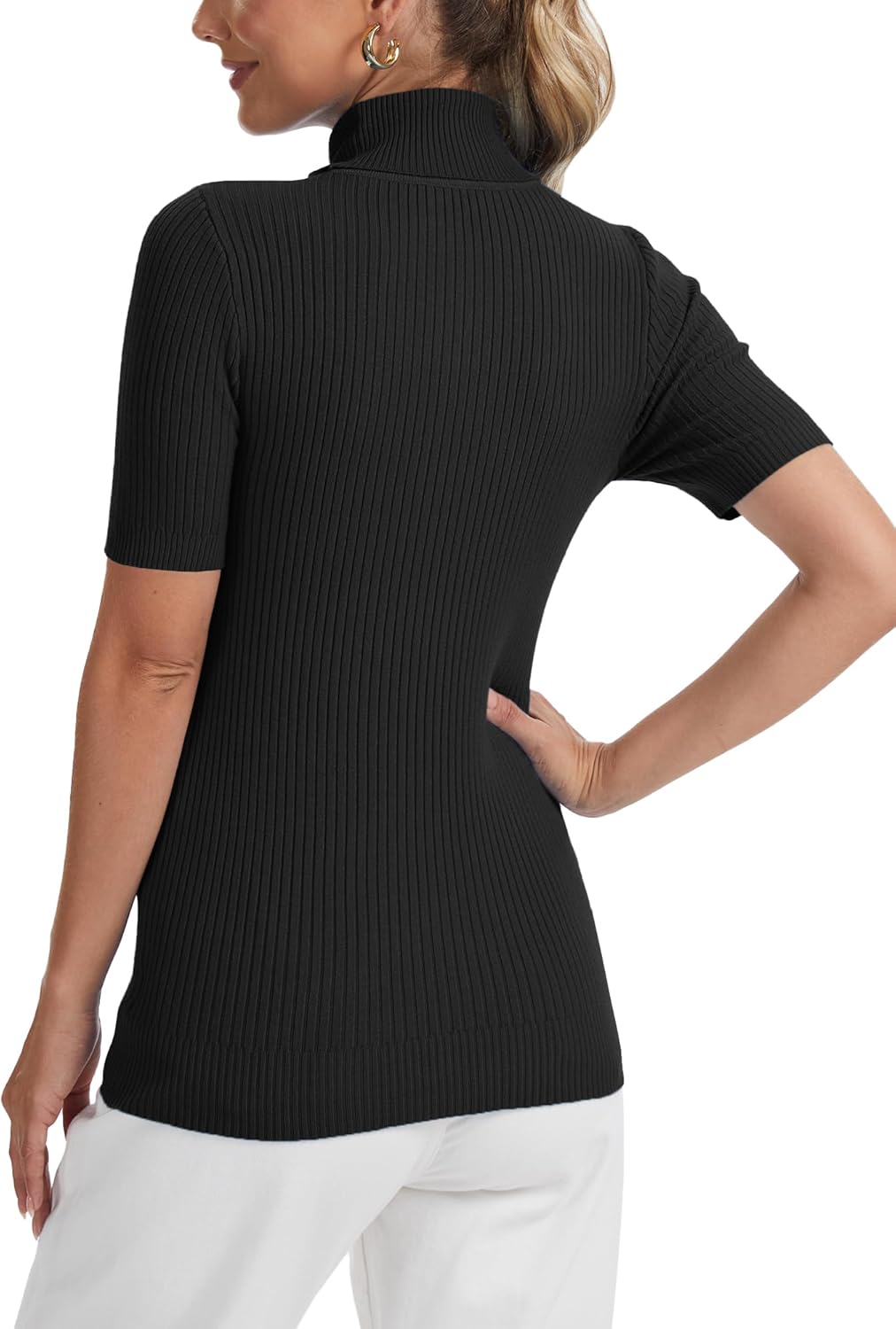 Women's Fall Short Sleeve Sweater Turtleneck Pullover Tops Winter Basic Ribbed Knit Slim Fitted Casual Shirts - Image 5