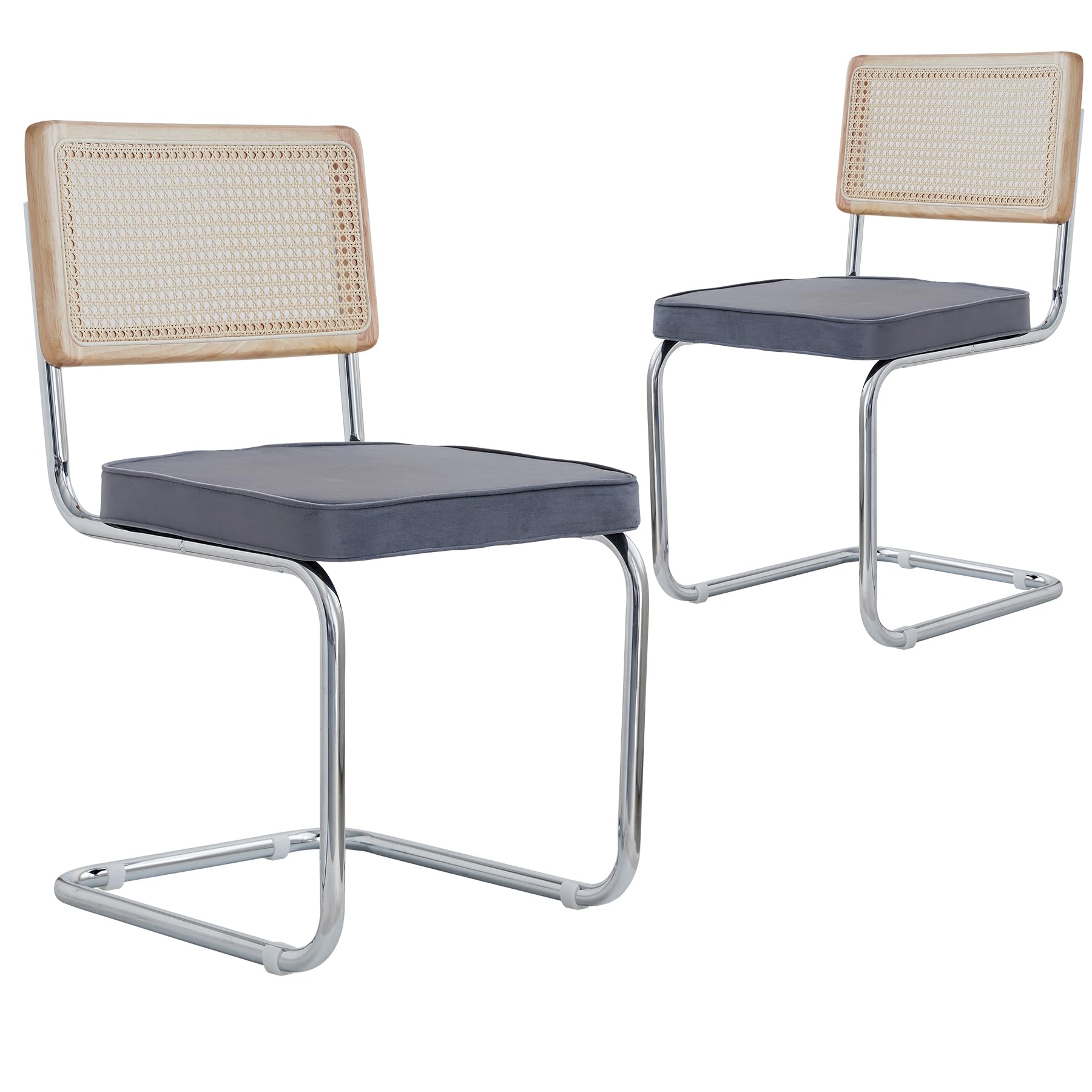 Pack de 2 Sillas de Comedor con Respaldo de Caña Natural y Base Cromada de Acero Inoxidable, Sillas de Cocina Tapizadas de Ratán,Gris