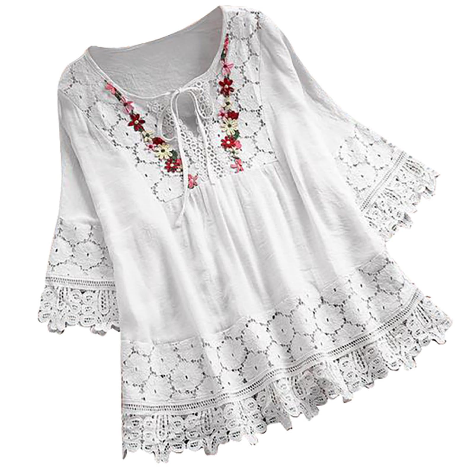 WINDEHAO Blusa de lino y algodón para mujer, tallas grandes, tallas S-5XL, elegantes camisas de encaje con flores bordadas, blusas con cordones huecos