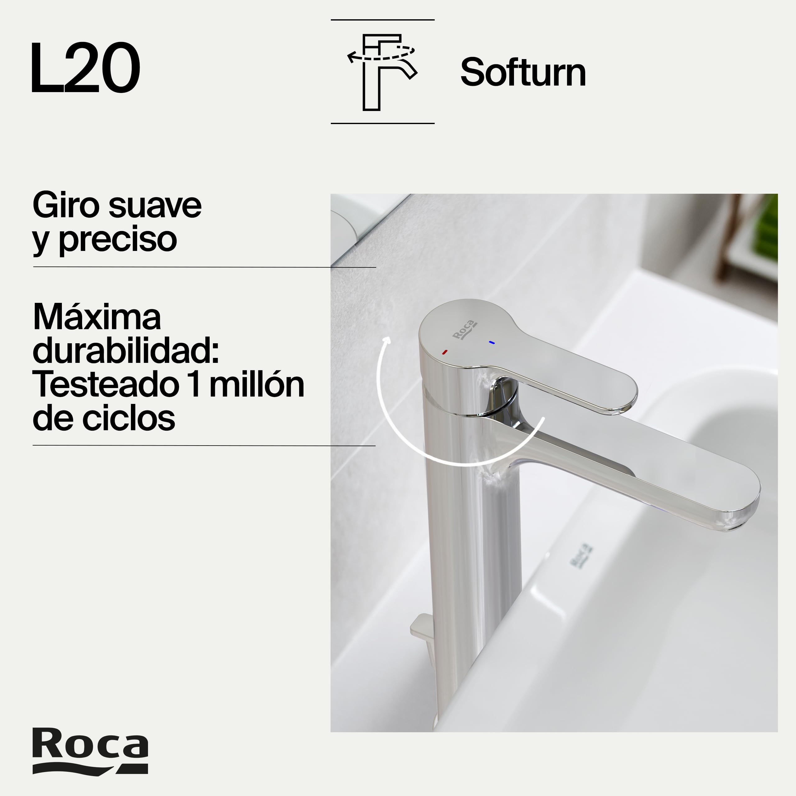 Roca L20 Grifería para lavabo de caño alto con tecnología Cold Start, grifo monomando con enlaces de alimentación flexibles, mezclador con desagüe automático de fácil instalación, cromado, A5A3C09C00