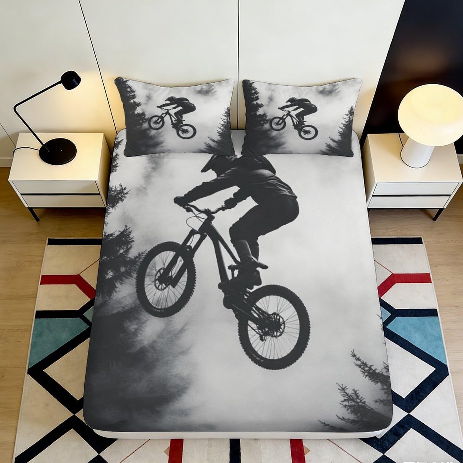 3D Printed Mountain Bike Forest Fitted Sheet Microfiber Soft Mattress Cover for Bedroom Dorm Mattress Protector 120x200x25cm