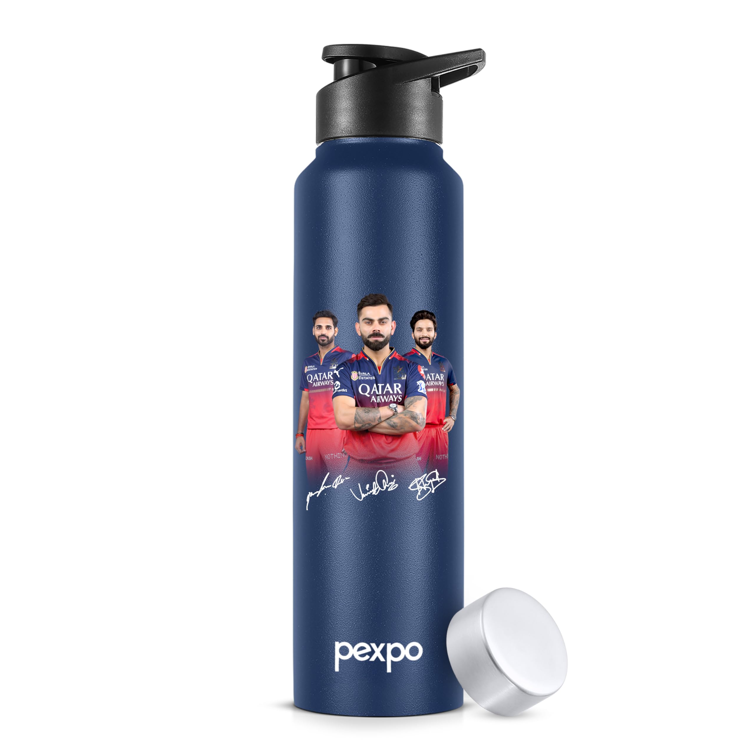 Go24 pexpo Water Bottle 1 ltr Stainless Steel Sports/Fridge Bottle with Dual Cap | Single Wall | For Home, Office, Gym, Travelling | Lightweight | BPA Free | Chromo 950ml |Denim Blue - Virat