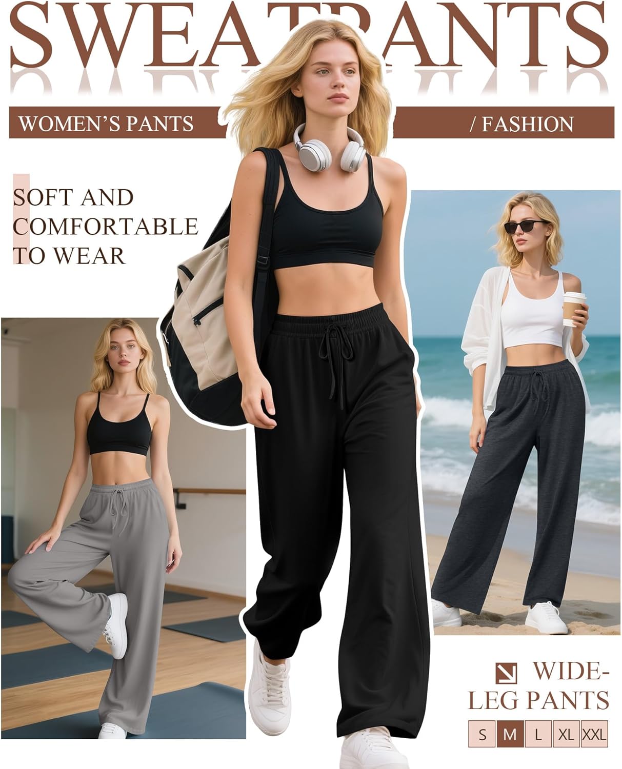 Neer 3 Pack Women's Drawstring Pants Casual Wide Leg Lounge Yoga Sweatpants Loose Comfy Palazzo with Pockets - Image 5
