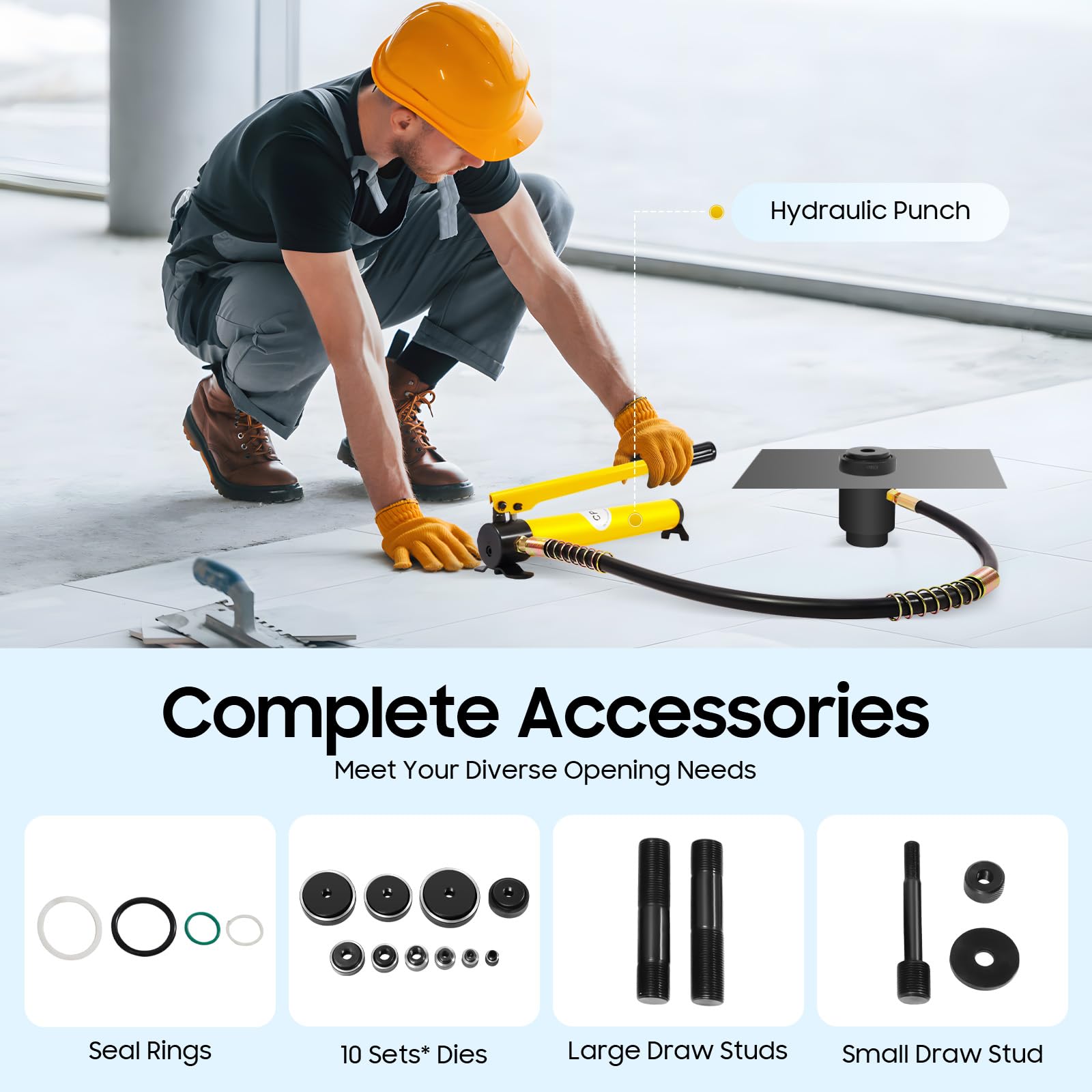 SYK-15 15T - Perforatore idraulico per lamiera, 16-101 mm, con 10 matrici, testa girevole a 360°, valigetta per acciaio inox, alluminio, plastica, 3 mm, piastra gialla