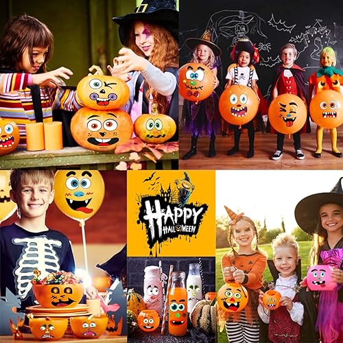 Miniatura 7 de Calcomanías decorativas de calabaza de Halloween, 26 hojas, 56 calcomanías faciales en total, kit de manualidades de pintura de calabaza, decoración