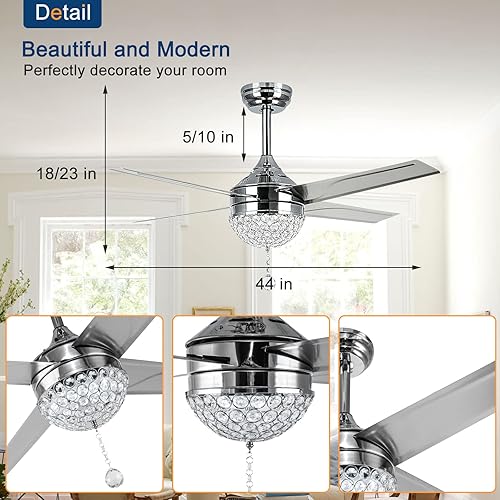 Miniatura 5 de Morpholife Ventilador de techo de cristal con control remoto de luz, moderno ventilador de araña LED, pequeño ventilador de techo brillante con