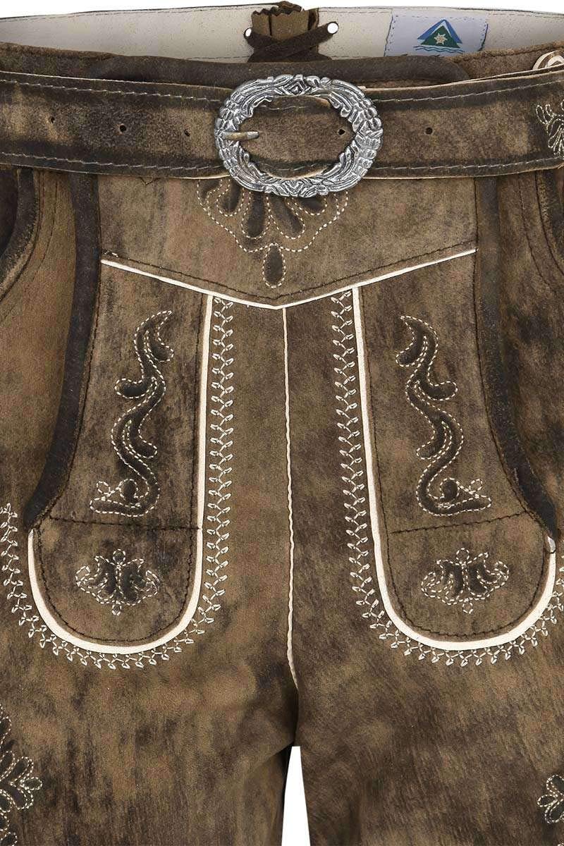 Isar-Trachten Jungen Kinderlederhose kurz mit Gürtel Eiche braun Bestickt, Eiche (braun) m. Gürtel, 158