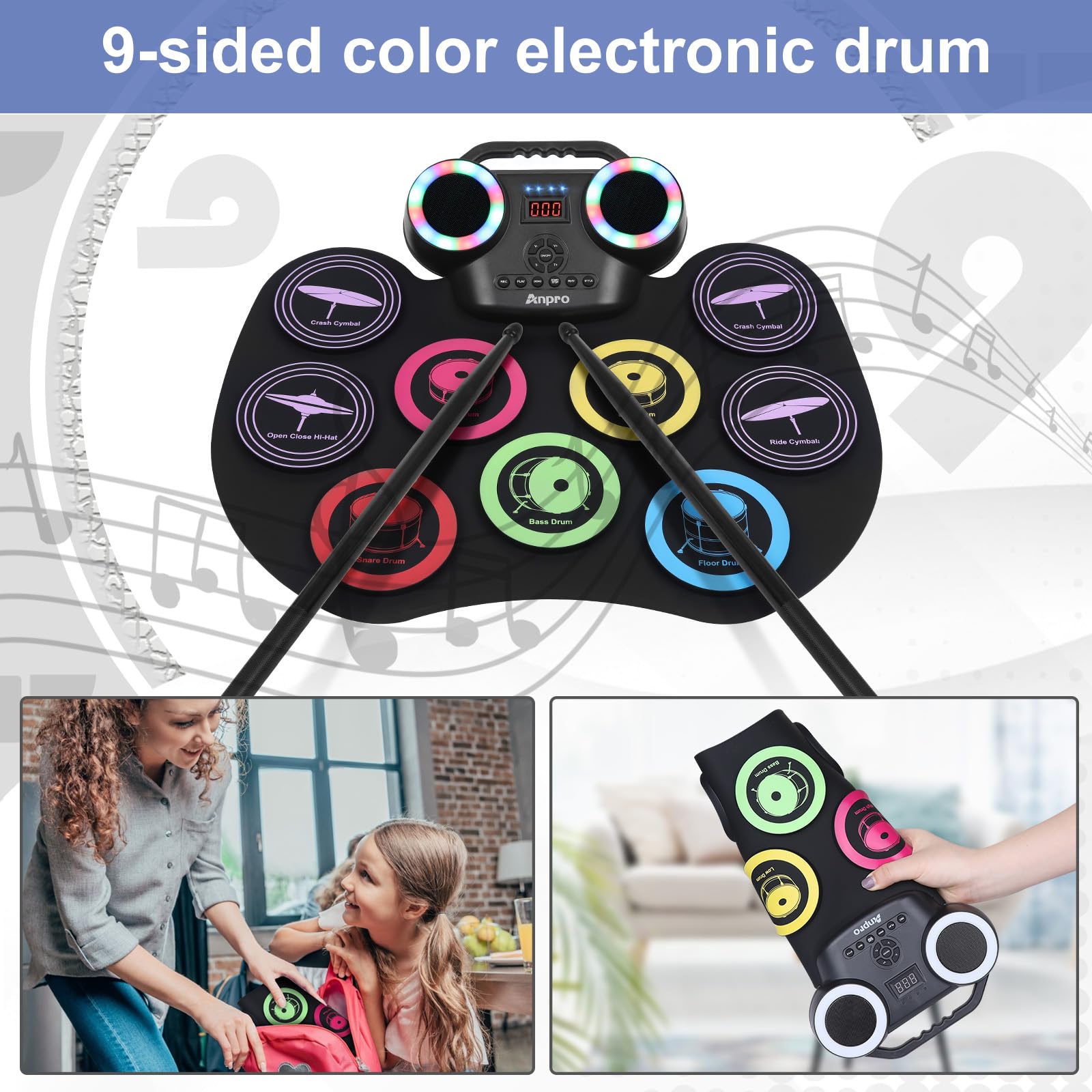 Anpro Batteria Elettronica Digitale Tamburo Set, 9 Drum Pads con 2 Bacchette Pedali, Schermo LED, Portatile Pieghevole