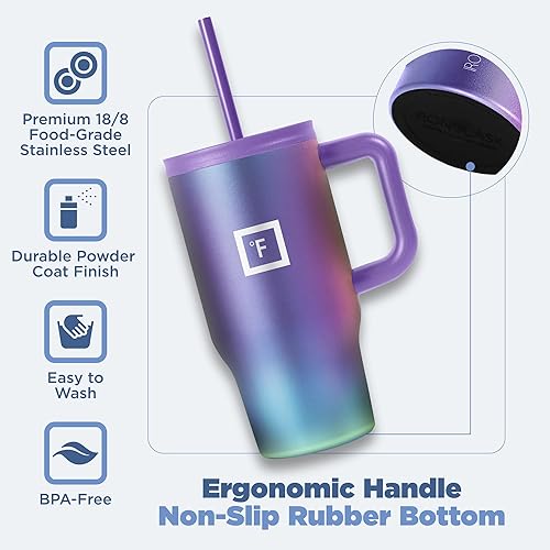 Miniatura 11 de IRON °FLASK Co-Pilot Taza térmica con popote y tapas abatibles, botella con asa para bebidas calientes o frías, a prueba de fugas, para agua o café